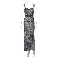 Leopard print cowl neck high slit backless cami maxi dress
