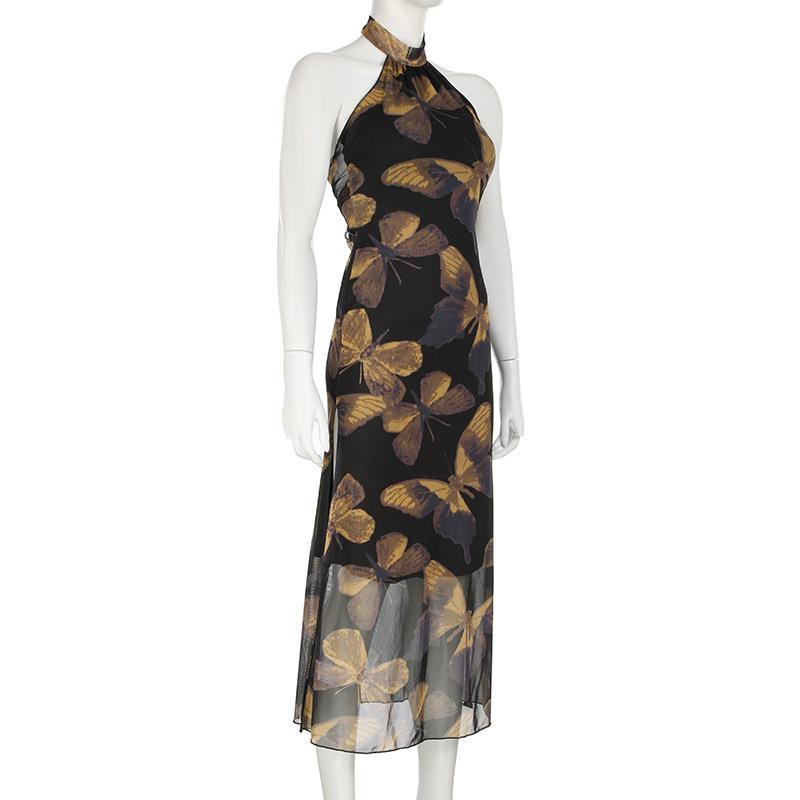 Halter butterfly print backless mesh maxi dress