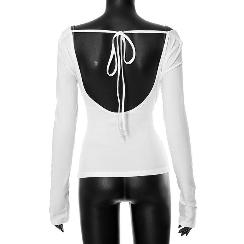 Self tie backless off shoulder ruched long sleeve solid top