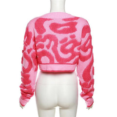 Button long sleeve textured v neck knitted contrast crop top