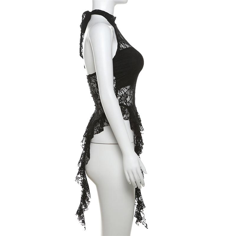 Halter mesh ruffle backless top