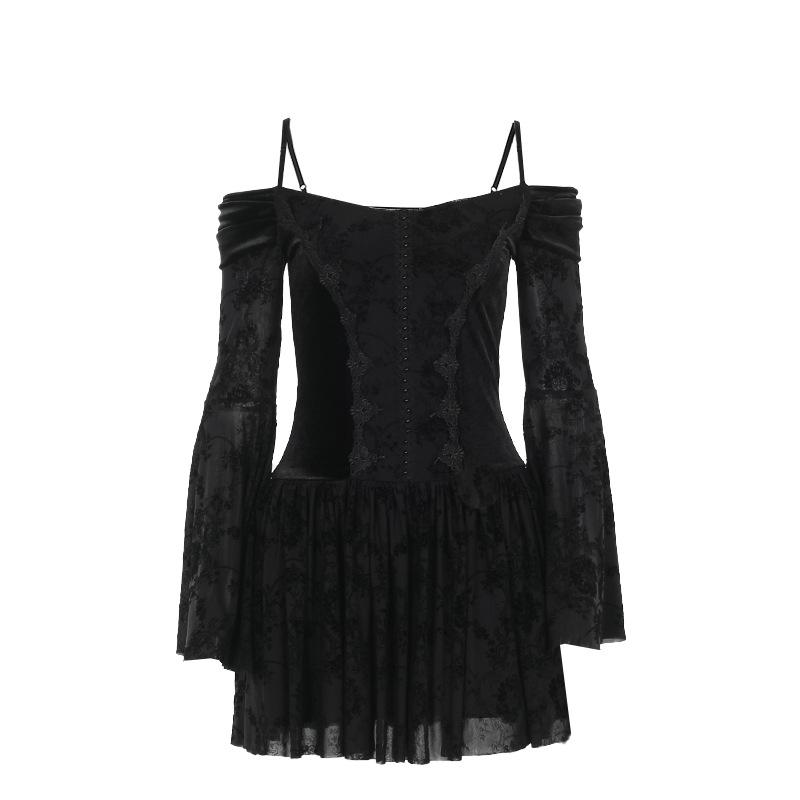 Off shoulder long flared sleeve velvet mini dress