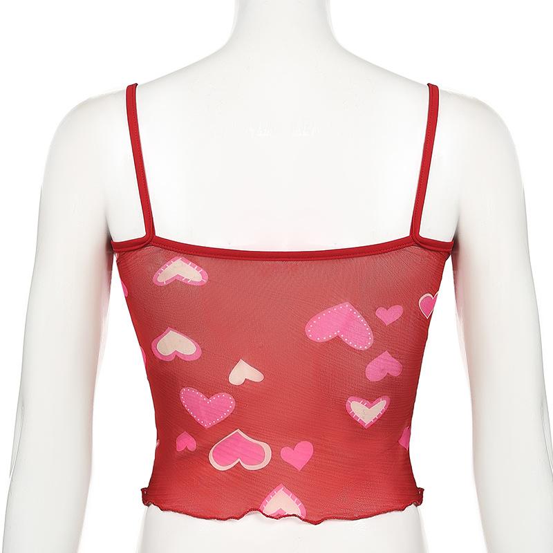 Heart print sheer mesh ruffle cami top