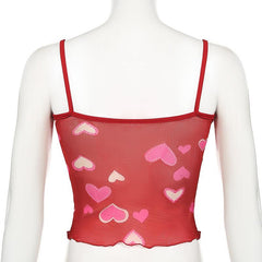 Heart print sheer mesh ruffle cami top