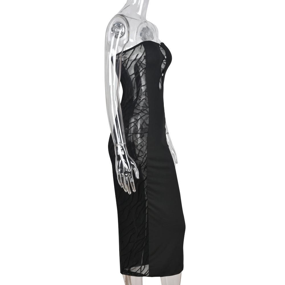 Hollow out beaded mesh backless tube midi dress
