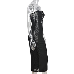Hollow out beaded mesh backless tube midi dress