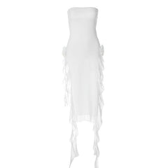 Flower applique solid backless ribbon slit tube maxi dress  | red tango dress