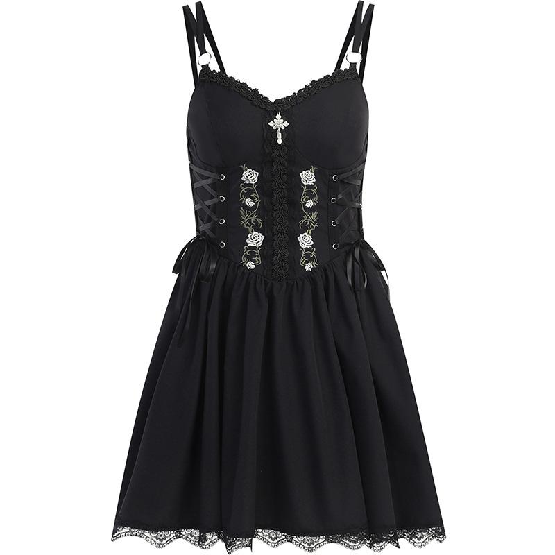 Sweetheart neck embroidery ruffle lace up cami mini dress