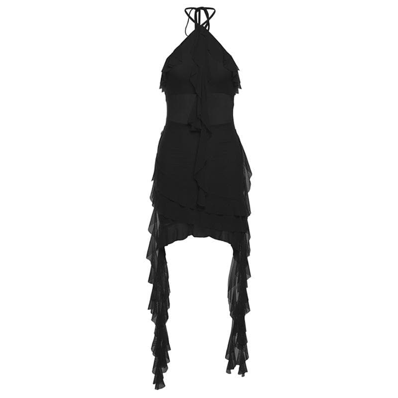 Halter sheer mesh ruffle backless mini dress  | red tango dress  | samba dress