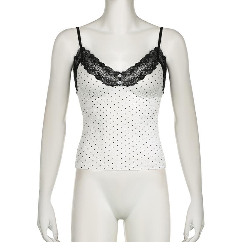 V neck lace hem polka dot button cami top