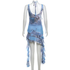 Halter print ruffle irregular u neck cami mini dress