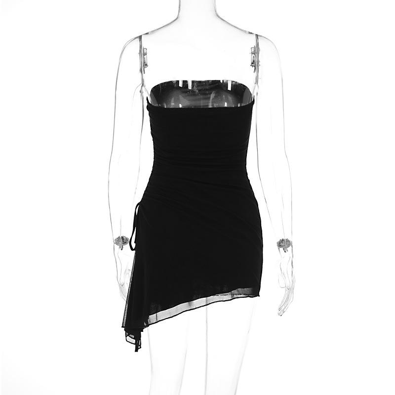 Drawstring ruched mesh irregular tube mini dress  | red tango dress