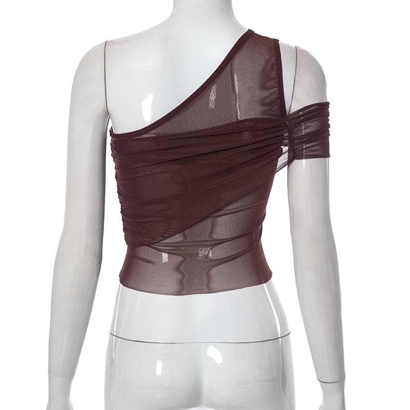 Sheer mesh see through solid one shoulder irregular ruched top