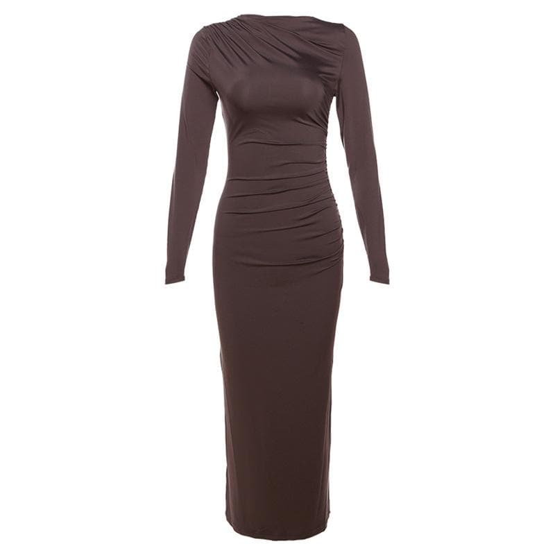 Ruched solid long sleeve zip-up maxi dress  | red tango dress