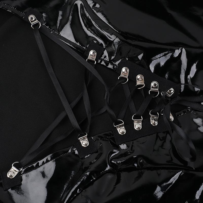 Long flared sleeve PU leather cross front bodysuit