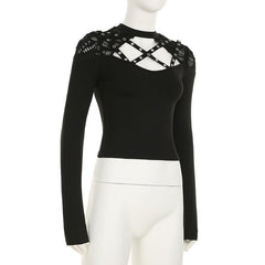 Long sleeve crewneck hollow out top