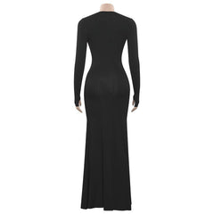 V neck long sleeve butterfly applique maxi dress