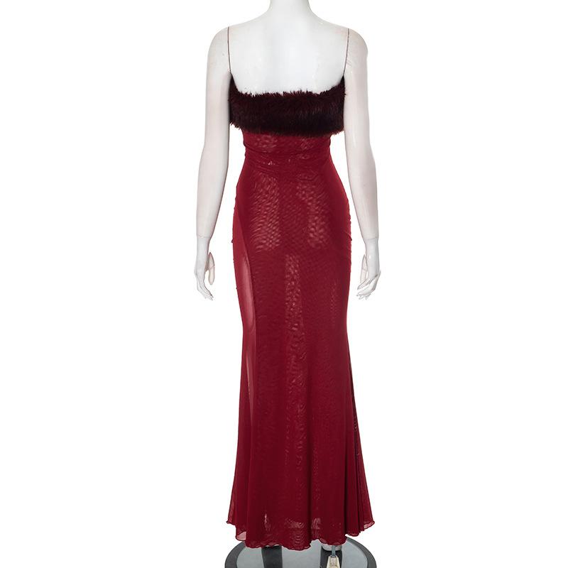 Fluffy mesh tube maxi dress