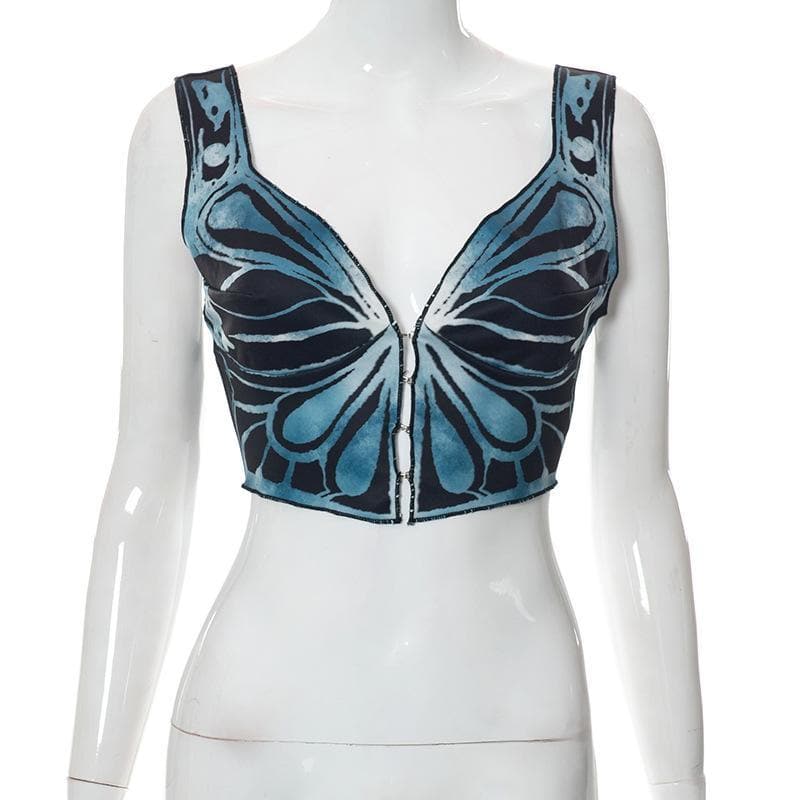 V neck butterfly print buttoned crop top