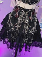 Lace hem skull applique metal chain mini skirt