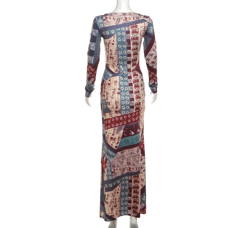 Long sleeve abstract print maxi dress