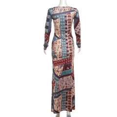Long sleeve abstract print maxi dress
