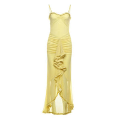 Mesh ruffle solid backless cami maxi dress