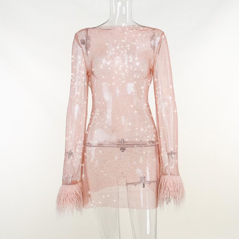 Long sleeve solid see through sheer mesh fluffy round neck mini dress  | samba dress