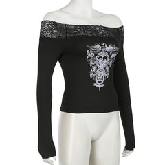 Off shoulder long sleeve lace hem abstract top