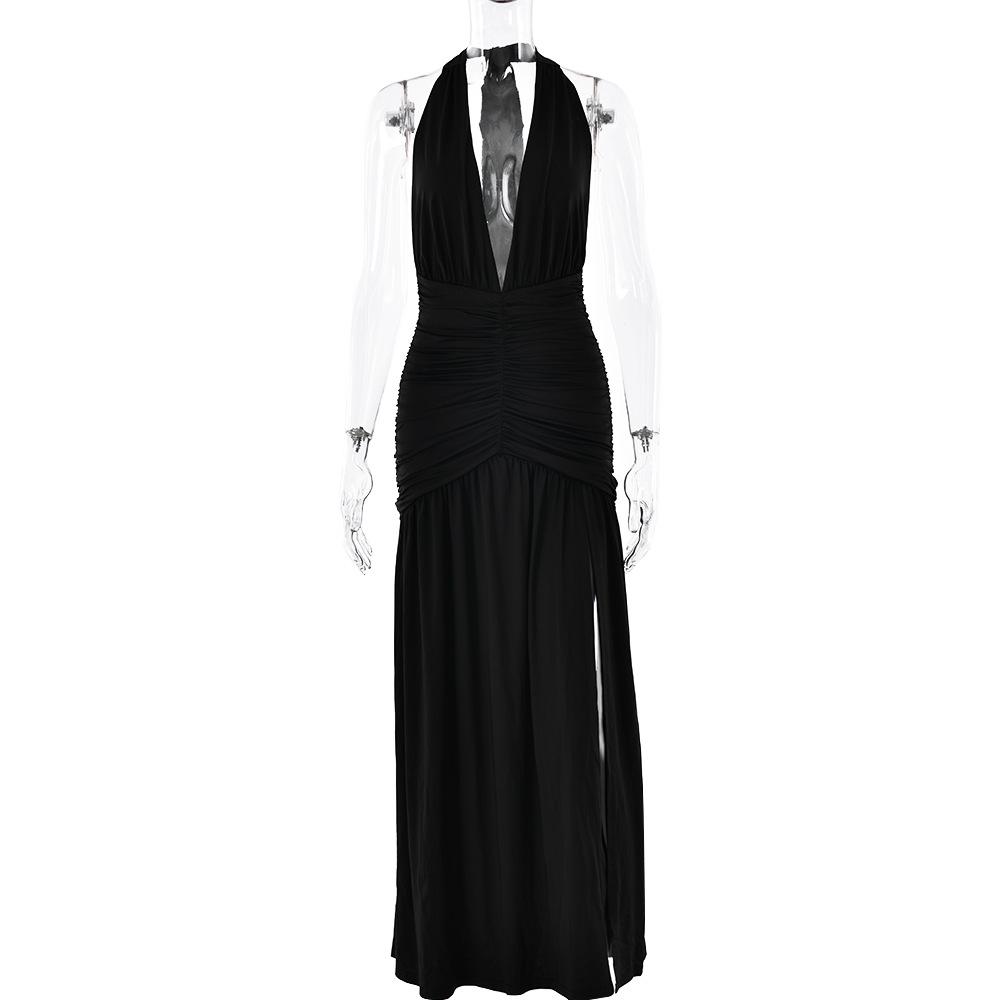 Halter deep v neck backless high slit maxi dress