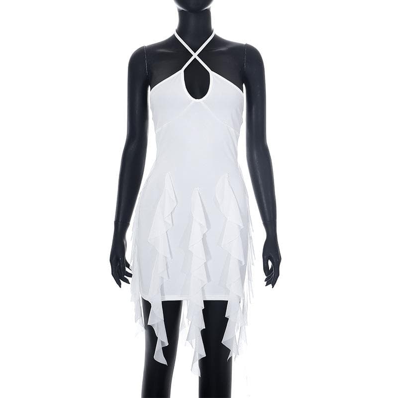 Ruffle halter solid cross front backless self tie mini dress  | black rave dress  | black rave dress