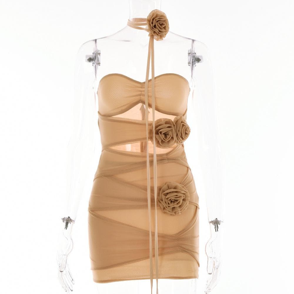 Sheer mesh hollow out flower applique zip-up solid tube mini dress  | samba dress