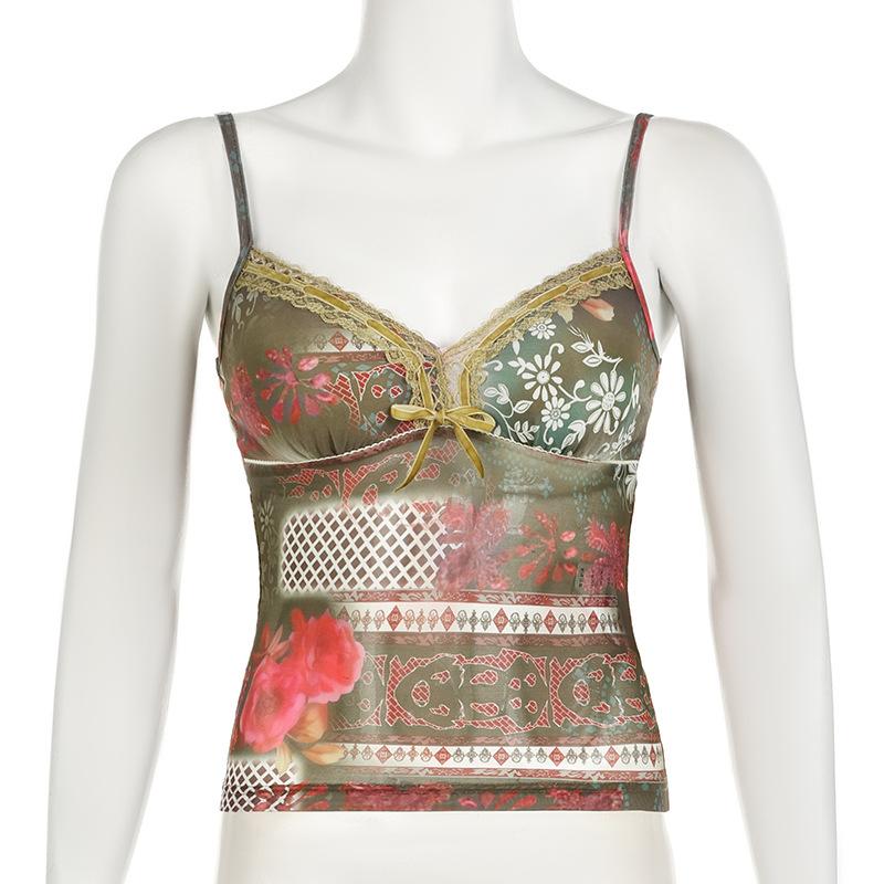 Bowknot v neck print mesh lace cami top