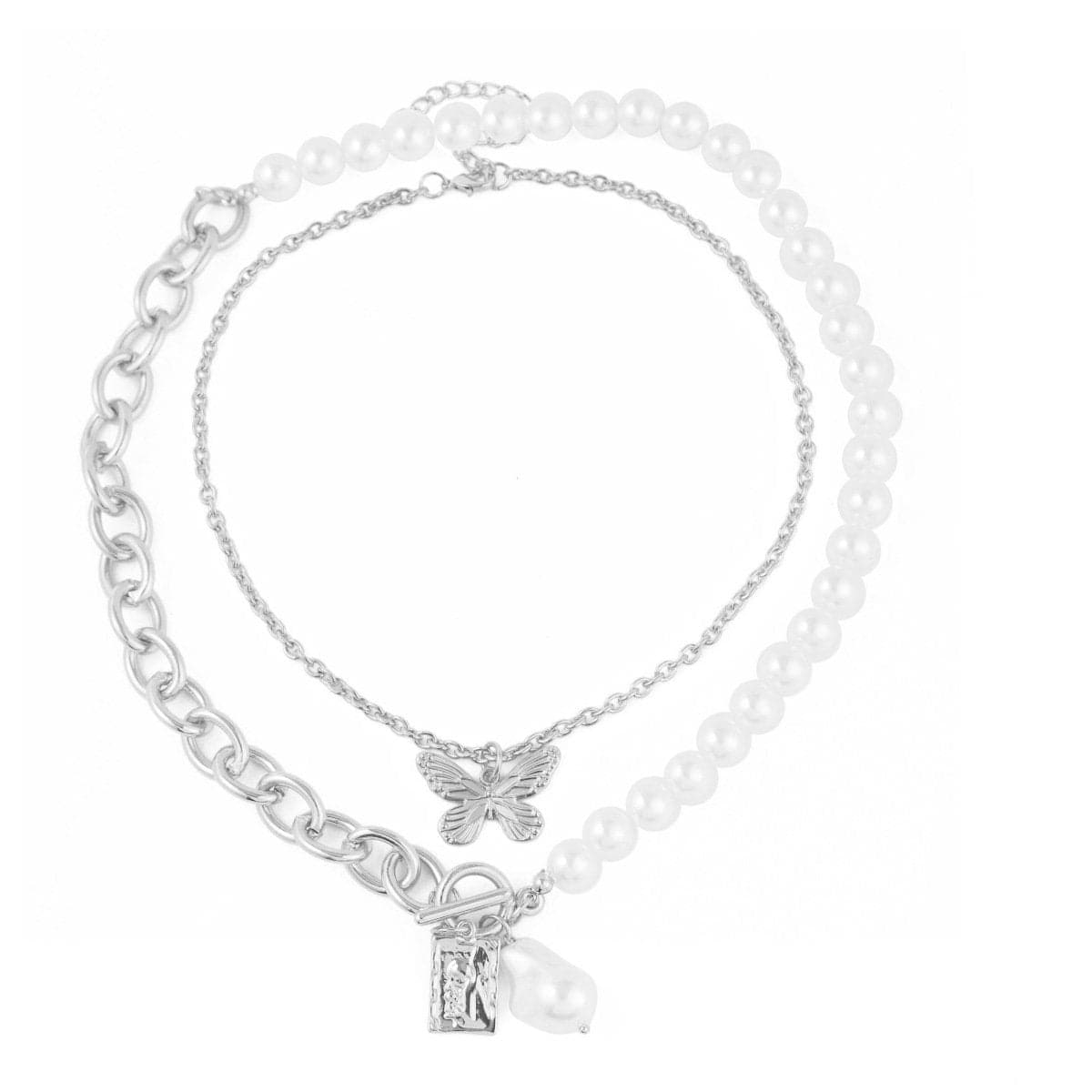 Butterfly faux pearl beaded chain 2 pcs pendant necklace
