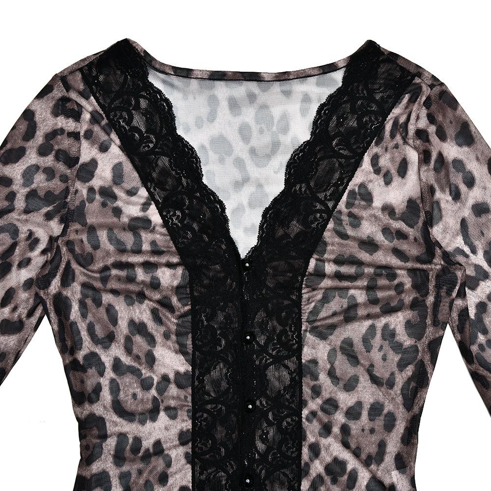Long sleeve leopard print v neck lace button top