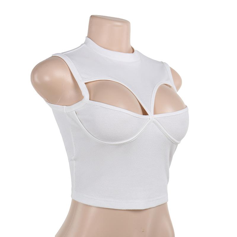Sleeveless crewneck hollow out solid tank top