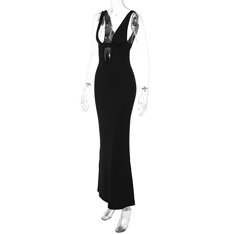 Sleeveless low cut hollow out solid backless maxi dress
