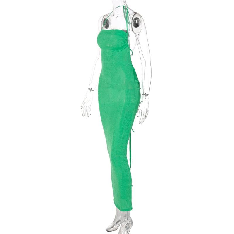 Halter ruched backless lace up solid self tie maxi dress