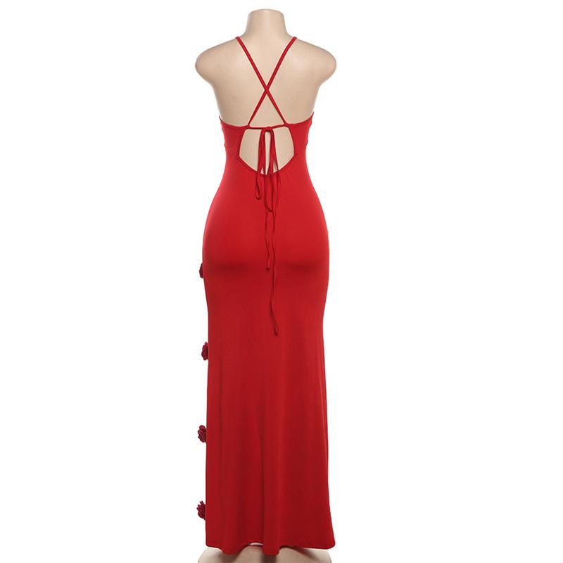 V neck flower applique cross back cami maxi dress  | red tango dress
