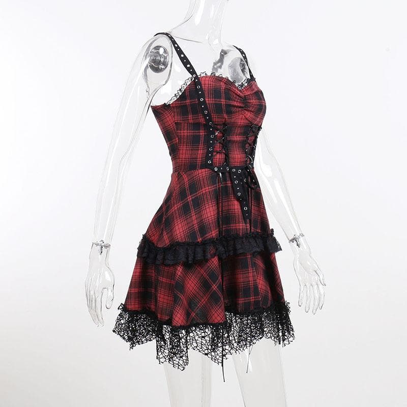 Zip-up lace hem lace up plaid backless mini dress  | red tango dress