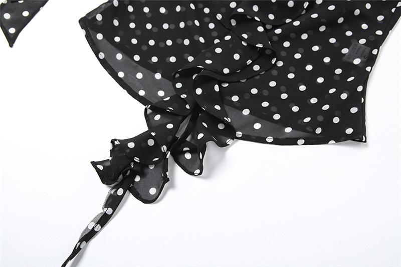 Halter polka dot ruffle chiffon 2 piece see through top