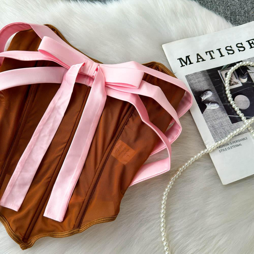 Mesh corset bowknot tube top