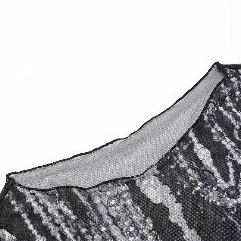 Long sleeve cross print off shoulder sheer mesh top