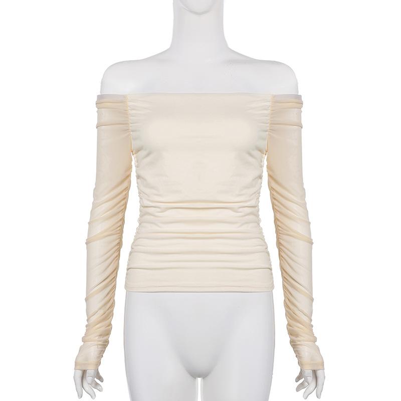 Long sleeve off shoulder mesh ruched top