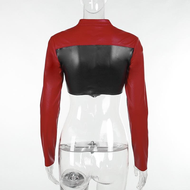 Contrast patchwork zip-up long sleeve PU leather to top jacket