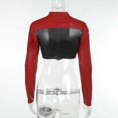 Contrast patchwork zip-up long sleeve PU leather to top jacket