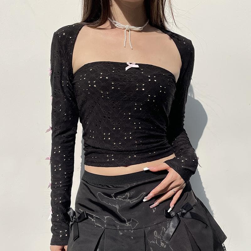 Hollow out bowknot contrast long sleeve shrug 2 piece tube cut out top