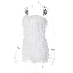 Bowknot lace backless ruffle tube mini dress