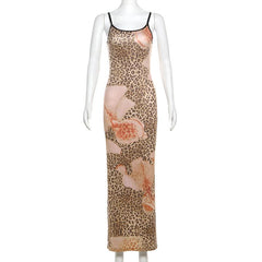 Leopard print u neck backless slit cami maxi dress