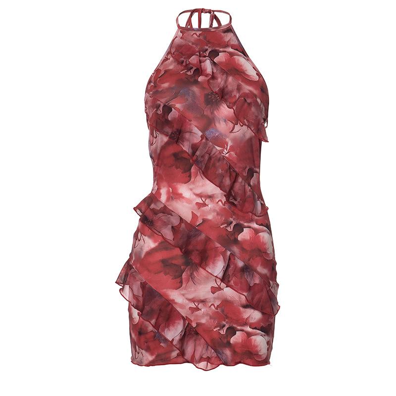 Halter self tie flower print backless ruffle mini dress  | red tango dress